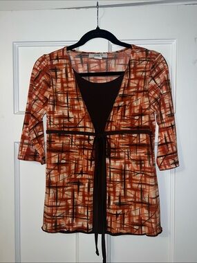 Only 9 vintage Rust & Brown Patterned Layered Tie-Front Top